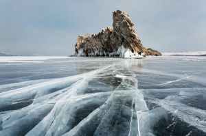 the shaman rock on frozen lake baikal in baikal russia during winter